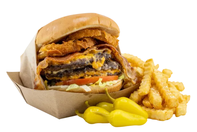 Rush Burger combo meal with fries and peppers.